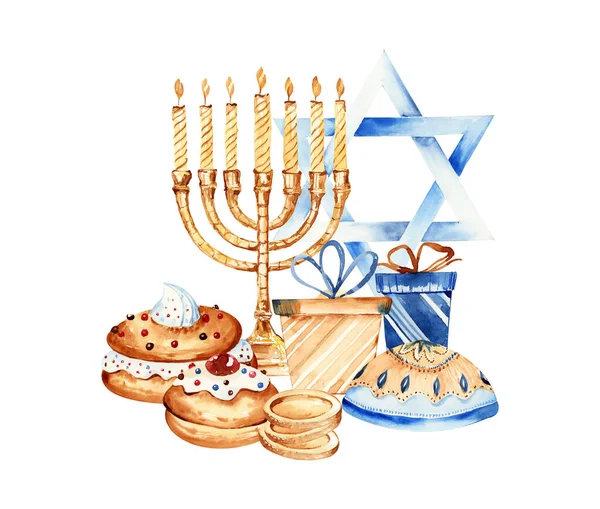 Jewish holiday Hanukkah banner design with menorah, dreidel, traditional bakery. Jewish hanukkah frame. Happy Hanukkah greeting card template.