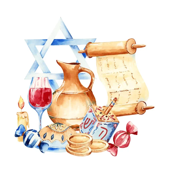 ユダヤ人の休日伝統的な要素とパン屋とハヌカのバナーデザイン ユダヤ人のハヌカの祝日 ハッピーハヌカグリーティングカードテンプレート — ストック写真