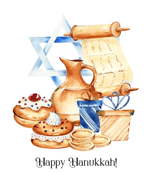 Jewish Holiday Hanukkah Banner Design Traditional Elements Bakery Jewish Hanukkah — Stock Photo, Image