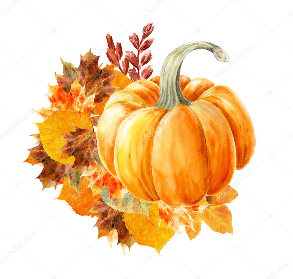 Autumn watercolor leaves clipart Pumpkin clipart  fall watercolor Modern clipart with autumn leaves thanksgiving greeting card