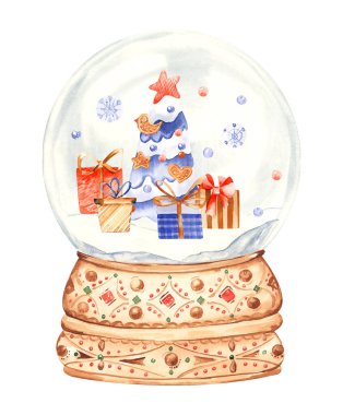 Tatlı suluboya kar küresi çizimi. Noel dekoru, Noel hediyesi tebrik kartı fikirleri, ilk Noel kutlaması, çocuk odası sanatı.