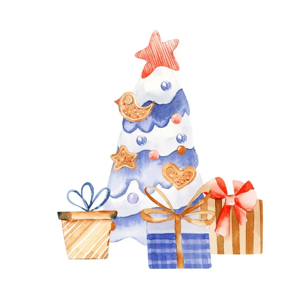 Akvarel Modré Vánoční Aranžmá Pozdrav Sváteční Plakáty Dětská Vánoční Výzdoba — Stock fotografie