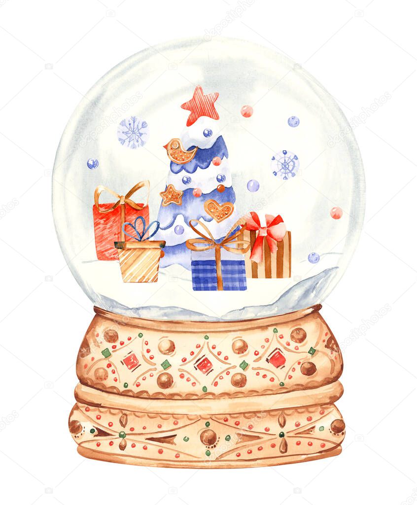 Watercolor cute snow globe illustration. Christmas decor, christmas gift ideas for greeting cards, first christmas celebration , nursery art