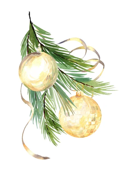 Akvarelové Šampaňské Zlaté Vánoční Kuličky Novoroční Přání Oslavě Zlatá Vánoční — Stock fotografie
