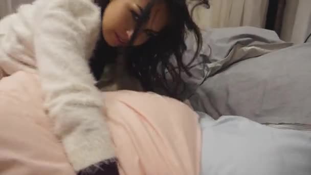 Girl Having Fun Bed — Stock Video