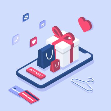 Online alışveriş uygulaması konsepti: hediye, alışveriş öğeleri, kredi kartları, bir biyometrik akıllı telefon üzerinde alışveriş çantaları, applictaions simgeleri. Şimdi satın al düğmesi. E-ticaret konsepti, web afişi, poster şablonu