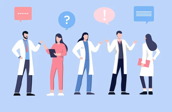 Erkek ve feamle doktor hastalarla konuşuyor. Sağlık hizmetleri, bir doktora sor. Steteskoplu üniformalı terapist. Jinekolog ve ürolog, tıbbi ekip konsepti. Tıbbi klinik personeli.