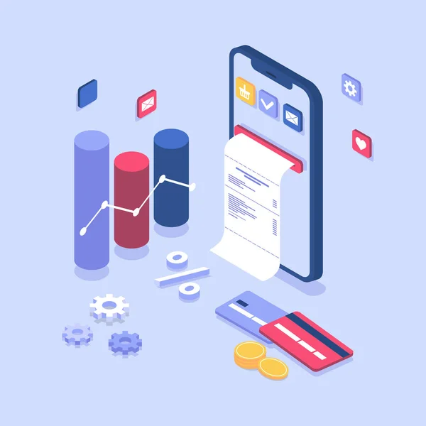 elektronik fatura ödeme bildirimi. Izometrik akıllı telefonda online ödeme, fatura ekrandan çıkıyor. telefon, kartlar, sikkeler ile düz tasarım konsepti, şimdi satın. Açılış sayfası ve banner şablonu, uygulama