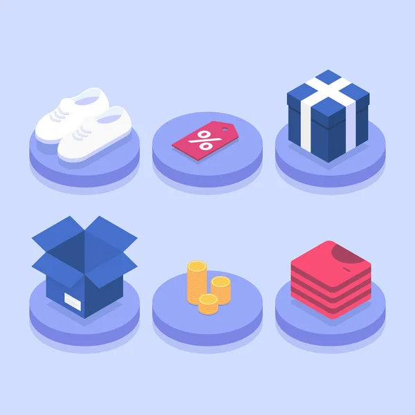 Shopping Online on Website or Application. Marketing. 3d vector isometric icons illustration. Open Box, coins, sale, shoes, t-shirts, delivery box. Can use for banner, infographics, presentation — Stock Vector