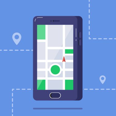 Harita ve işaretli cep telefonu. Mobil gps navigasyon ve izleme konsepti. Düz vektör çizimi. Dokunmatik ekranlı akıllı telefonda konum izleme uygulaması. telefonda şehir haritası navigasyon infografik