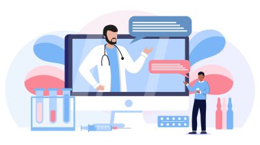 Sanal kişisel aile doktoru vektör çizim. Düz küçük kişi tıbbi app kavramı. Sanal acil sağlık danışmanlığı. Teşhis için biyoteknoloji yapay zeka kullanarak profesyonel yardım