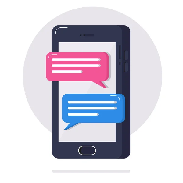 Akıllı telefon vektör illüstrasyon sohbet mesajları bildirimi, cep telefonu ekranında düz karikatür mesaj kabarcıkları, haberci uygulamasında sohbet kişi