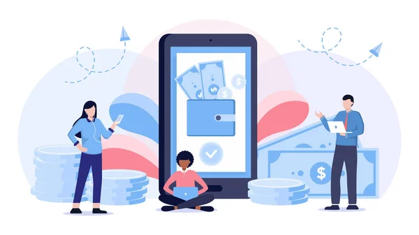 Mobil cüzdan vektör illüstrasyon. Nakit akıllı telefon uygulamasına para transferi ile düz kişilik kavramı. Kablosuz teknoloji işlemini kullanarak ödeme. Modern müşteri finansmanı mevduat hesabı