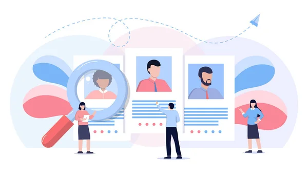 İş ajansı vektör illüstrasyon. Düz çalışan headhunters kişi kavramı. Profesyonel iş arama ve teklif hizmet şirketi. İnsan kaynakları için işe alım endüstrisi mesleği. Cv başvurusu.