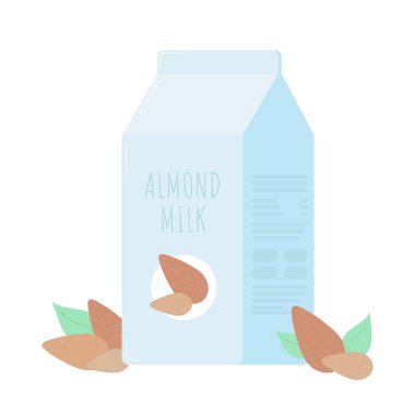 Pakette badem sütü ve badem fıstığı ile Vektör illüstrasyon. Laktozsuz vektör kavramı. sevimli karikatür tarzında fındık sebze sütü. Laktozsuz süt, vegan ve vejetaryen için