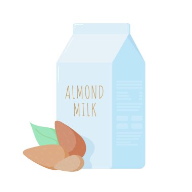 Pakette badem sütü ve badem fıstığı ile Vektör illüstrasyon. Laktozsuz vektör kavramı. sevimli karikatür tarzında fındık sebze sütü. vegan ve vejetaryen için