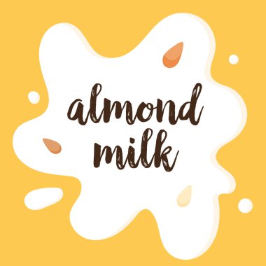 Badem beyaz Süt sıçraması. Badem Simgesi veya logosu. Arka planda izole yemişler. Badem sütü illüstrasyon, tasarım elemanları, paket tasarım konsepti. Vegan, vejetaryen, eko gıda