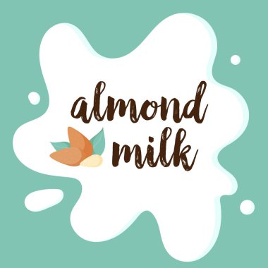 Beyaz Süt üzerine badem sütü sıçrayan. Badem Simgesi veya logosu. Arka planda izole yemişler. Badem sütü illüstrasyon, tasarım elemanları, paket tasarım konsepti. Vegan, vejetaryen, eko gıda