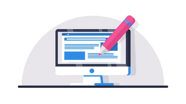 İçerik ve kırmızı kalem ile tarayıcı penceresi ile bilgisayar ekranı. İnternet arama, seo optimizasyonu, copywriting. Web tasarımı, iniş. Site, uygulama, afiş için düz vektör çizimi