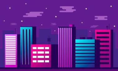 Fütüristik gece şehri. Parlak ve parlak neon mor ve mavi ışıklar ile karanlık bir arka plan üzerinde Cityscape ... Cyberpunk ve retro dalga tarzı illüstrasyon. Şehir manzarası. Modern bina mimarisi.