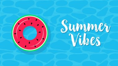 yaz havuzu parti davet kartı vektör illüstrasyon yüzer. havuz mavi su ve yüzme halkası karpuz ile yaz saati arka plan tasarımı. su üzerinde yüzen kauçuk halka. su dokulu arka plan