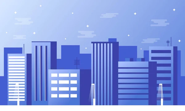 未来的な夜の街。明るく輝くネオンパープルとブルーのライトを持つ暗い背景の都市景観。サイバーパンクとレトロなウェーブスタイルのイラスト。都市の風景。近代的な建築建築. — ストックベクタ