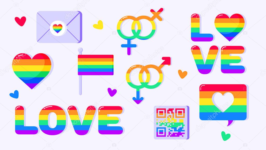 Vector stikers set doodles. Pride LGBTQ icon set, LGBTQ related symbols set in rainbow colors: Pride Flag, Heart, Peace, Rainbow, Love, Support, Freedom Symbols. Gay Pride Month