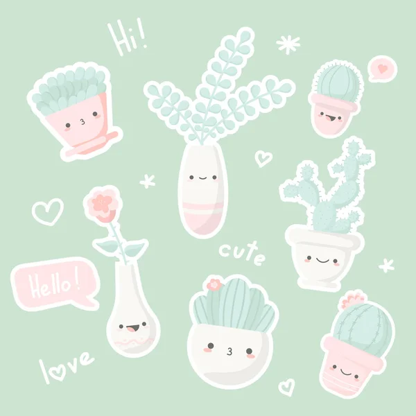 Ensemble d'illustrations de cactus de dessin animé mignon et succulents avec des visages kawaii drôles dans des pots et avec des plantes. peut être utilisé pour des cartes, des invitations ou comme autocollant. Les plantes sont amies, jolis cactus imprimés — Image vectorielle