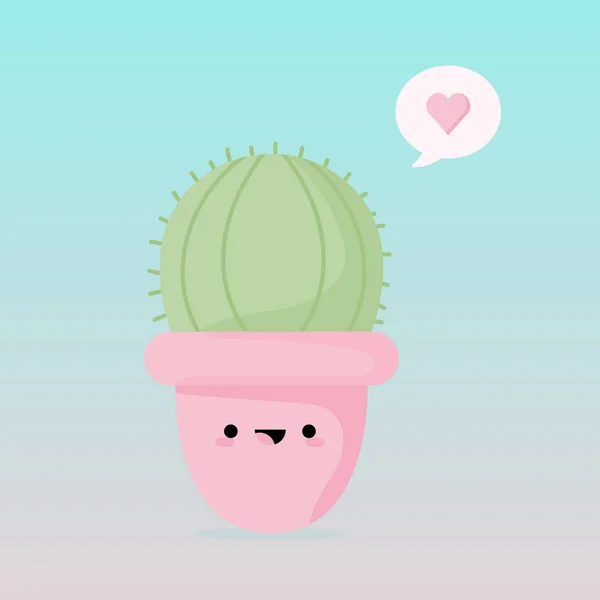 Cute cartoon cactus with funny cute kawaii face in pink small pot, vector drawing. funny Valentines day illustration. can be used for cards, invitations or like sticker. Plants are friends, print — Stock Vector