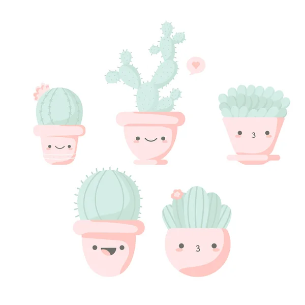 Set of illustrations of cute cartoon cactus and succulents with funny faces in pink pots and with plants. can be used for cards, invitations or like sticker. Plants are friends, cute cacti prints — Stock Vector