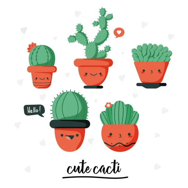 Set van illustraties van leuke cartoon cactus en vetplanten met grappige kawaii gezichten in potten en met planten. kan worden gebruikt voor kaarten, uitnodigingen of zoals sticker. Planten zijn vrienden, schattige cactussen prints — Stockvector