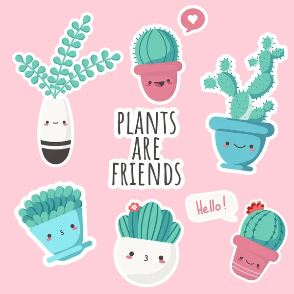 Set van illustraties van leuke cartoon cactus en vetplanten met grappige kawaii gezichten in potten en met planten. kan worden gebruikt voor kaarten, uitnodigingen of zoals sticker. Planten zijn vrienden, schattige cactussen prints — Stockvector