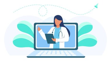 Online tıbbi danışma ve destek. Online doktor. Sağlık hizmetleri, bir doktora sor. Aile doktoru, dizüstü bilgisayar ekranında stetoskoplu jinekolog. Eczane. Web sitesi, uygulama için vektör