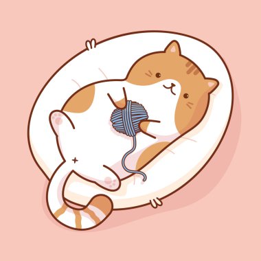 Tembel zencefil kedi yatakta yatan, sevimli kawaii şişman kedi arkasında yatan ve iplik karikatür simgesi, vektör düz illüstrasyon topu ile oynuyor. Tebrik kartı, afiş, logo, etiket, baskı için kullanılır
