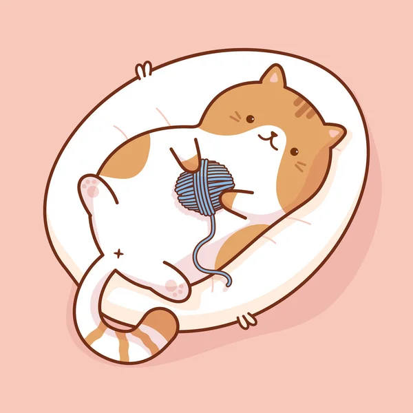 Tembel zencefil kedi yatakta yatan, sevimli kawaii şişman kedi arkasında yatan ve iplik karikatür simgesi, vektör düz illüstrasyon topu ile oynuyor. Tebrik kartı, afiş, logo, etiket, baskı için kullanılır