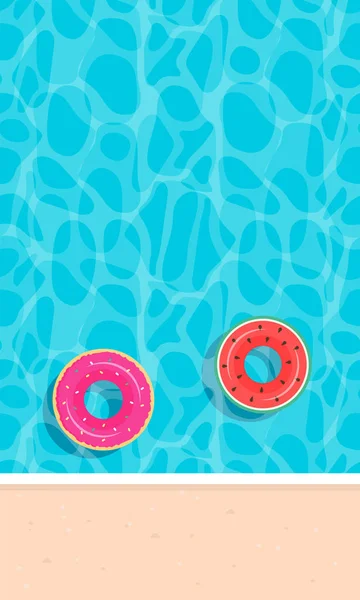 Summer Pool Party banner med plats för text. Donut och vattenmelon pool float. Ring flyter i blå pool. Färgglad affisch för sommarsemestern. Hello Summer banner. Beach Vacation poster — Stock vektor