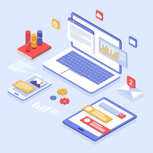 Desarrollo web y codificación. Desarrollo multiplataforma. Diseño adaptativo página de Internet, interfaz en la pantalla del ordenador portátil, tableta y teléfono. Concepto isométrico. Ventana del navegador, notificación por correo, lugar de trabajo — Archivo Imágenes Vectoriales