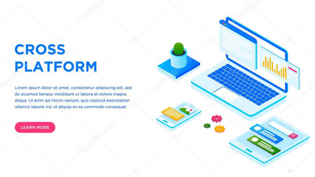 Web development and coding. Cross platform development. Adaptive layout internet page, interface on screen laptop, tablet and phone. Isometric concept . Browser window, mail notification, work place