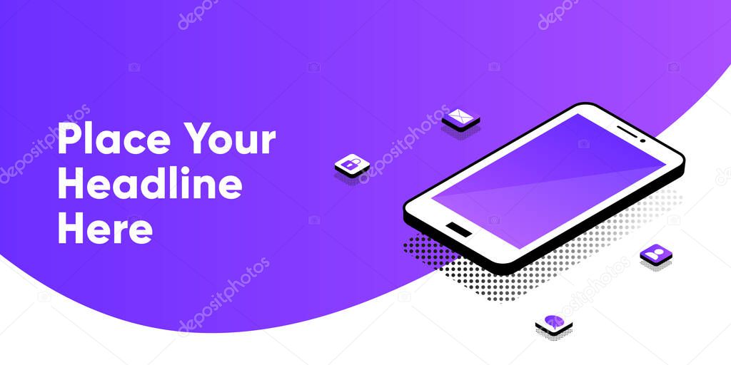 Phone repair service banner template. Smartphone with empty screen mock up. Repairing electronic. Advertising concept. Vector isometric template. Digital marketing landing page. Mobile app development