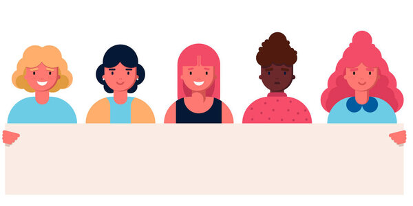 Collection of smiling young girl and women holding clean placards. Set of portrait avatar with female american caucasian european. Vector illustration in flat style. Feminism, women rights, activism