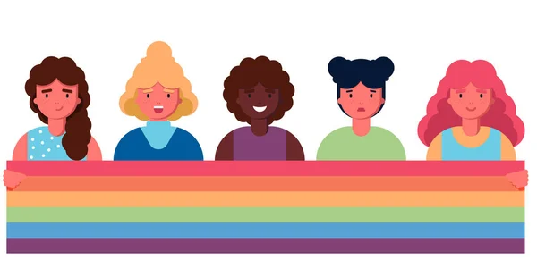 Collection of girl and women holding lgbt rainbow flag. Crowd of people taking part in pride parade. women at street demonstration for LGBT rights. Group of lesbian, bisexual, transgender activists. — Stock Vector