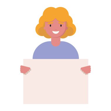 gülümseyen çizgi film karakteri kafkas genç kadın temiz pankart tutarak. kadın ile portre avatar . Vektör çizimi düz tarzda. Feminizm, ırkçılık yok, aktivist. Biz kadınız.