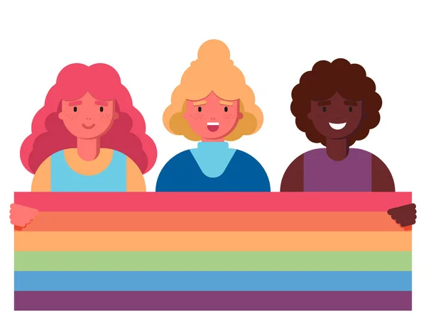 Coleção de menina e mulheres segurando lgbt bandeira do arco-íris. Multidão de pessoas a participar no desfile do orgulho. mulheres em manifestação de rua por direitos LGBT. Grupo de ativistas lésbicas, bissexuais, transgêneros . — Vetor de Stock