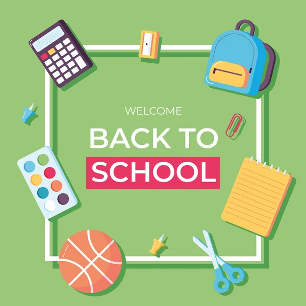 Back to school information card set. Student template of flyear, magazines, posters, book cover, banners. Calculator, scissors, notebook, backpack, watercolor, ball, pin. Office and student items