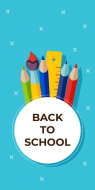 Okula tekrar hoş geldin. Vektör illüstrasyon. Modern tasarım afiş, poster, okul aksesuarları ile el ilanı şablonu. satış vektör yeşil arka plan. Ofis ve öğrenci eşyaları, kalem, kalem, fırça, cetvel