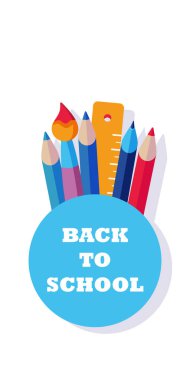 Okula tekrar hoş geldin. Vektör illüstrasyon. Modern tasarım afiş, poster, okul aksesuarları ile el ilanı şablonu. satış vektör yeşil arka plan. Ofis ve öğrenci eşyaları, kalem, kalem, fırça, cetvel