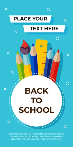 Okula tekrar hoş geldin. Vektör illüstrasyon. Modern tasarım afiş, poster, okul aksesuarları ile el ilanı şablonu. satış vektör yeşil arka plan. Ofis ve öğrenci eşyaları, kalem, kalem, fırça, cetvel