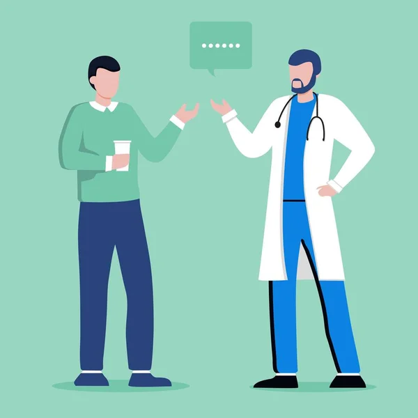 Stetoskoplu beyaz önlüklü modern erkek doktor genç hastayla konuşuyor, erkek ya da genç, gündelik kıyafetler içinde. Terapist randevusu. Online doktor isteyin. Sağlık hizmetleri