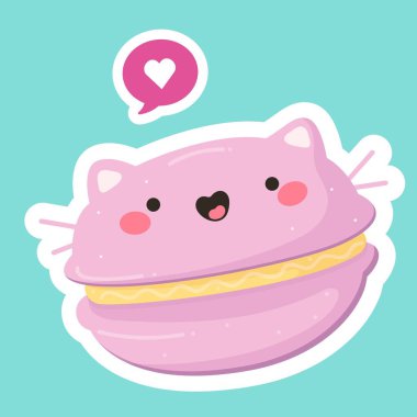Kedi kulakları ve sevimli yüzü ile bir kawaii komik makarna El çizilmiş vektör illüstrasyon. Arka planda yalıtılmış nesneler. makaron kek. Kafe menü için tasarım, çocuk baskı, etiket, poster