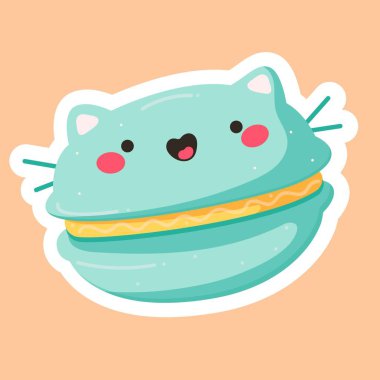 Kedi kulakları ve sevimli yüzü ile bir kawaii komik makarna El çizilmiş vektör illüstrasyon. Arka planda yalıtılmış nesneler. makaron kek. Kafe menü için tasarım, çocuk baskı, etiket, poster
